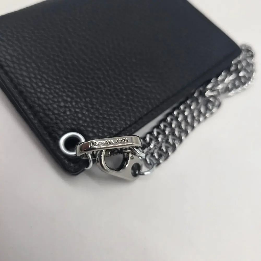 Michael Kors Parfums Faux Leather Wallet ID Card Holder Silver Tone Chain Black